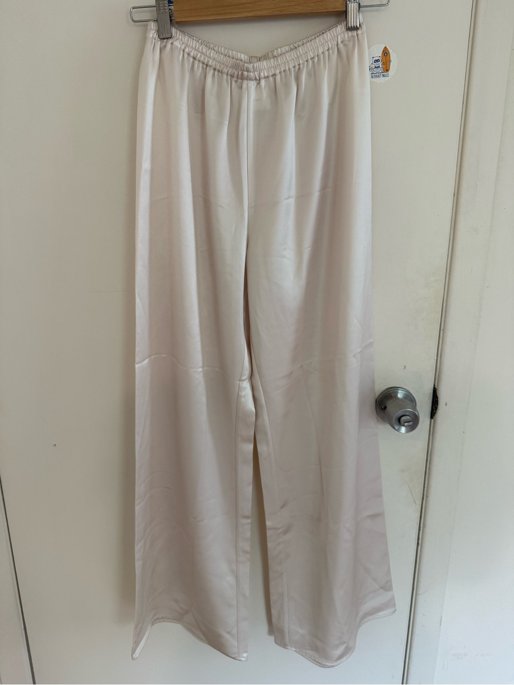New Champagne-colored satin wide leg pants with elastic waistband